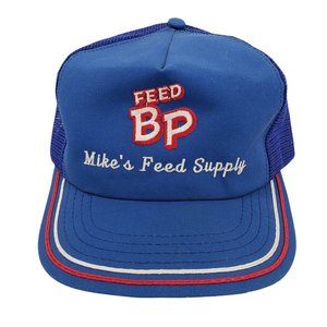 Vintage Farm Mikes Feed Supply BP Trucker Hat Cap Mesh Embroidered Blue USA Made